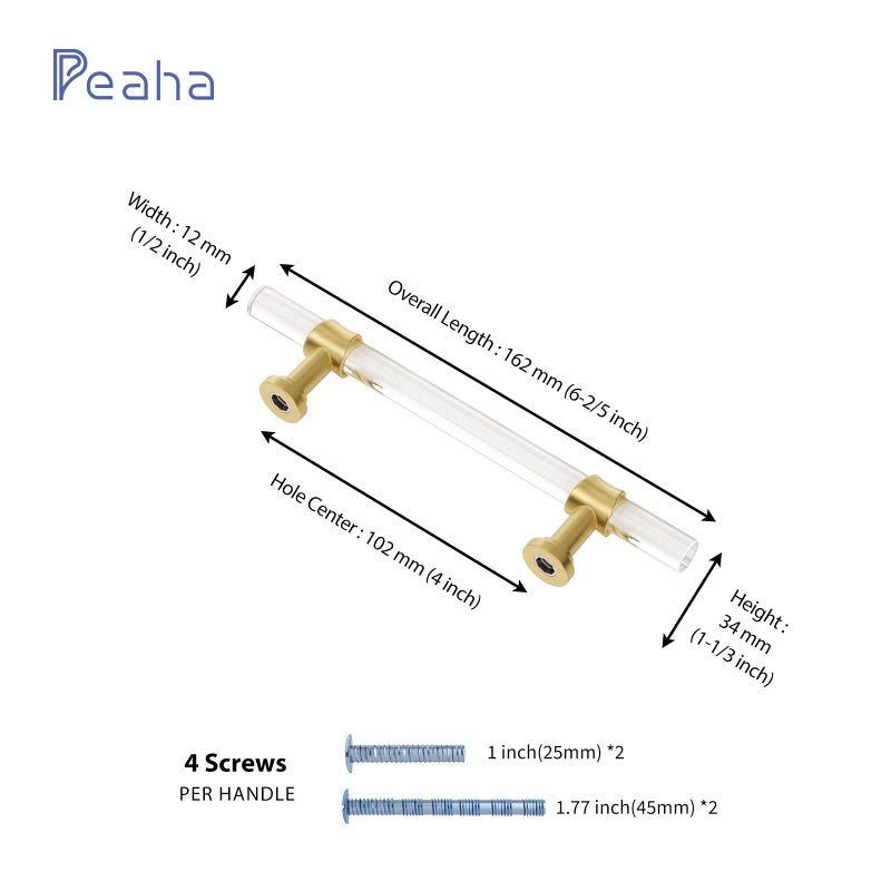 Peaha 10 Pack 4 Inch Acrylic Cabinet Pulls Gold Drawer Handles Brushed Brass Hardware Zinc Alloy for Dresser Cupboard Kitchen - Image 2